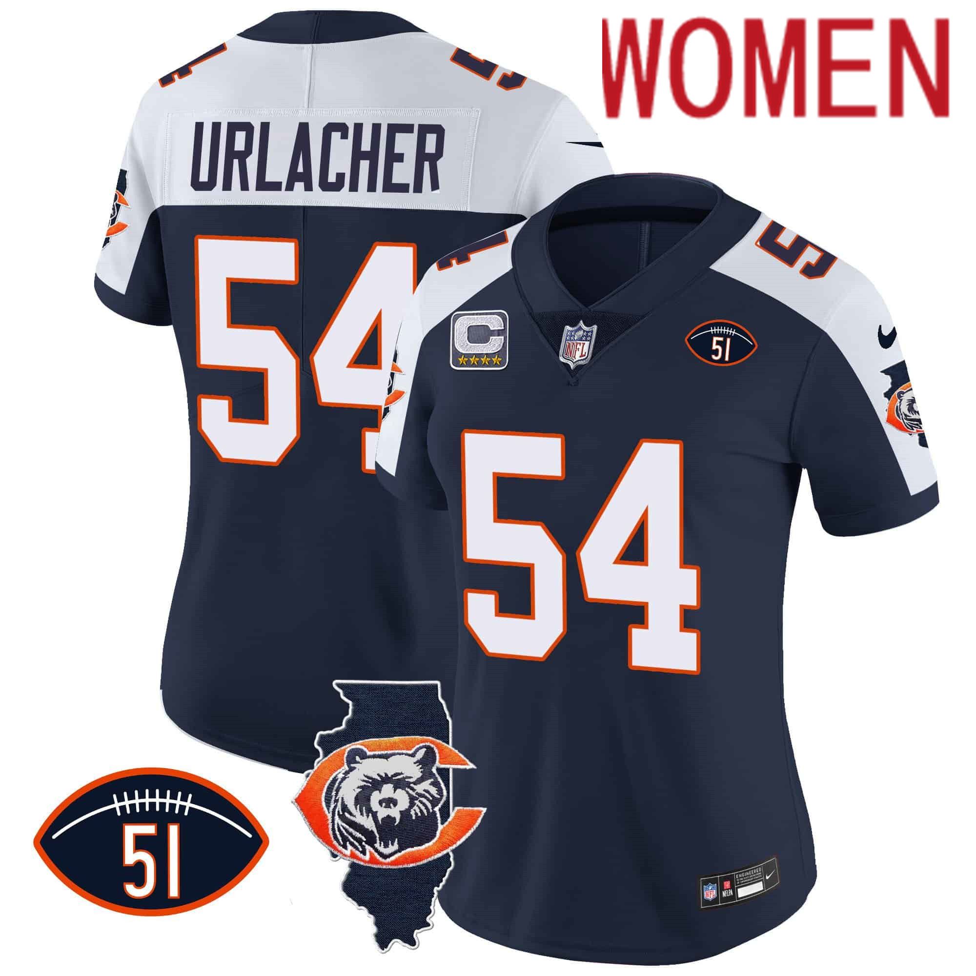 Women Chicago Bears #54 Urlacher Blue 2024 Nike Throwback Illinois Patch Vapor NFL Jersey